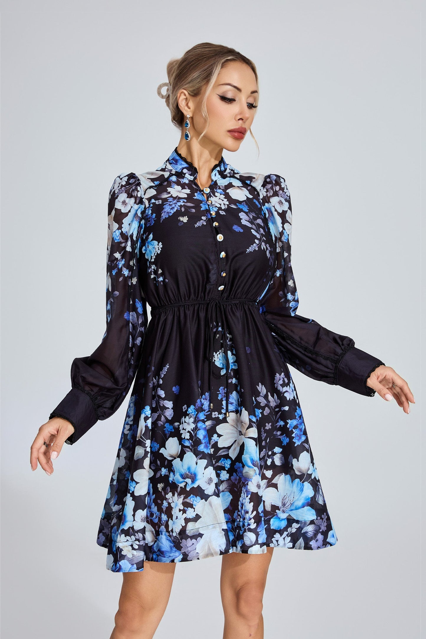 Lucienne Mavi Çiçekli Mini Elbise