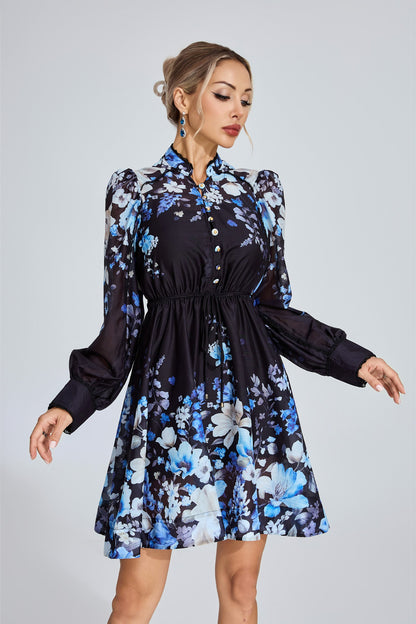 Lucienne Mavi Çiçekli Mini Elbise