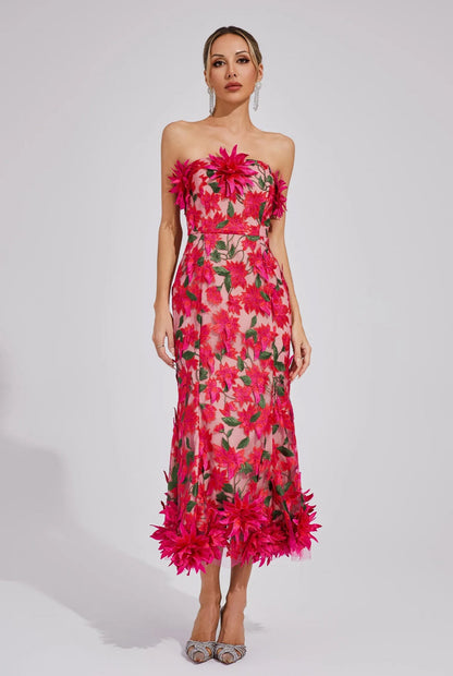 Rosalia 3D Çiçek  Dantel Midi Elbise