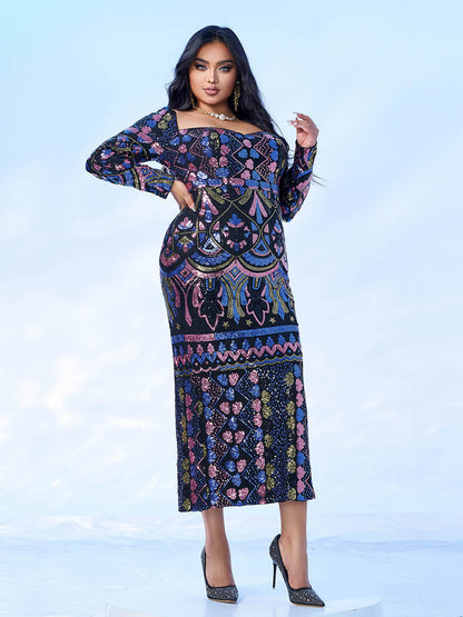 Juno Kare Yaka Uzun Kollu Midi Elbise