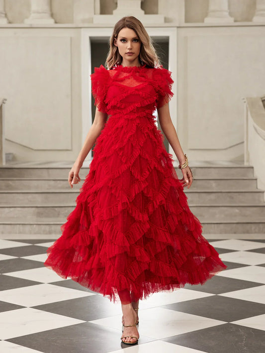 Kırmızı Kısa Kollu File Midi Elbise