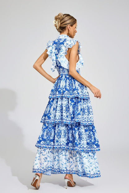 Serena Kraliyet Mavisi Katlı Maxi Elbise