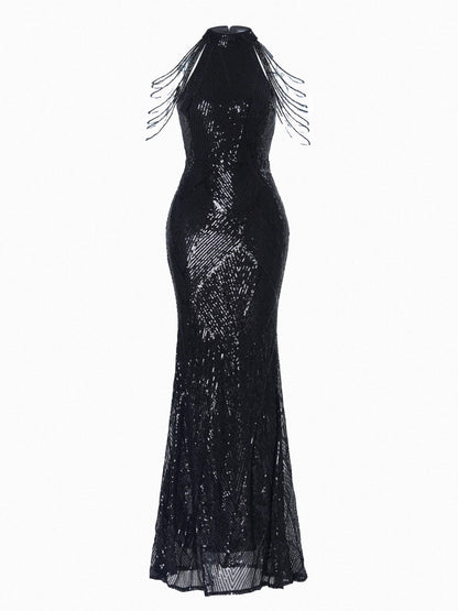 Perla Boncuklu Zincirli Maxi Elbisesi