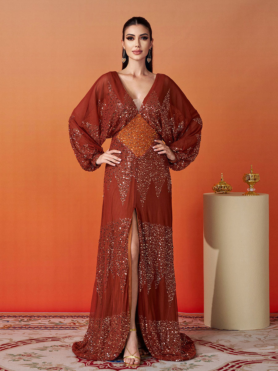 Yasmina Fener Kollu Yırtmaçlı Maxi Elbisesi