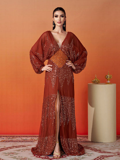 Yasmina Fener Kollu Yırtmaçlı Maxi Elbisesi