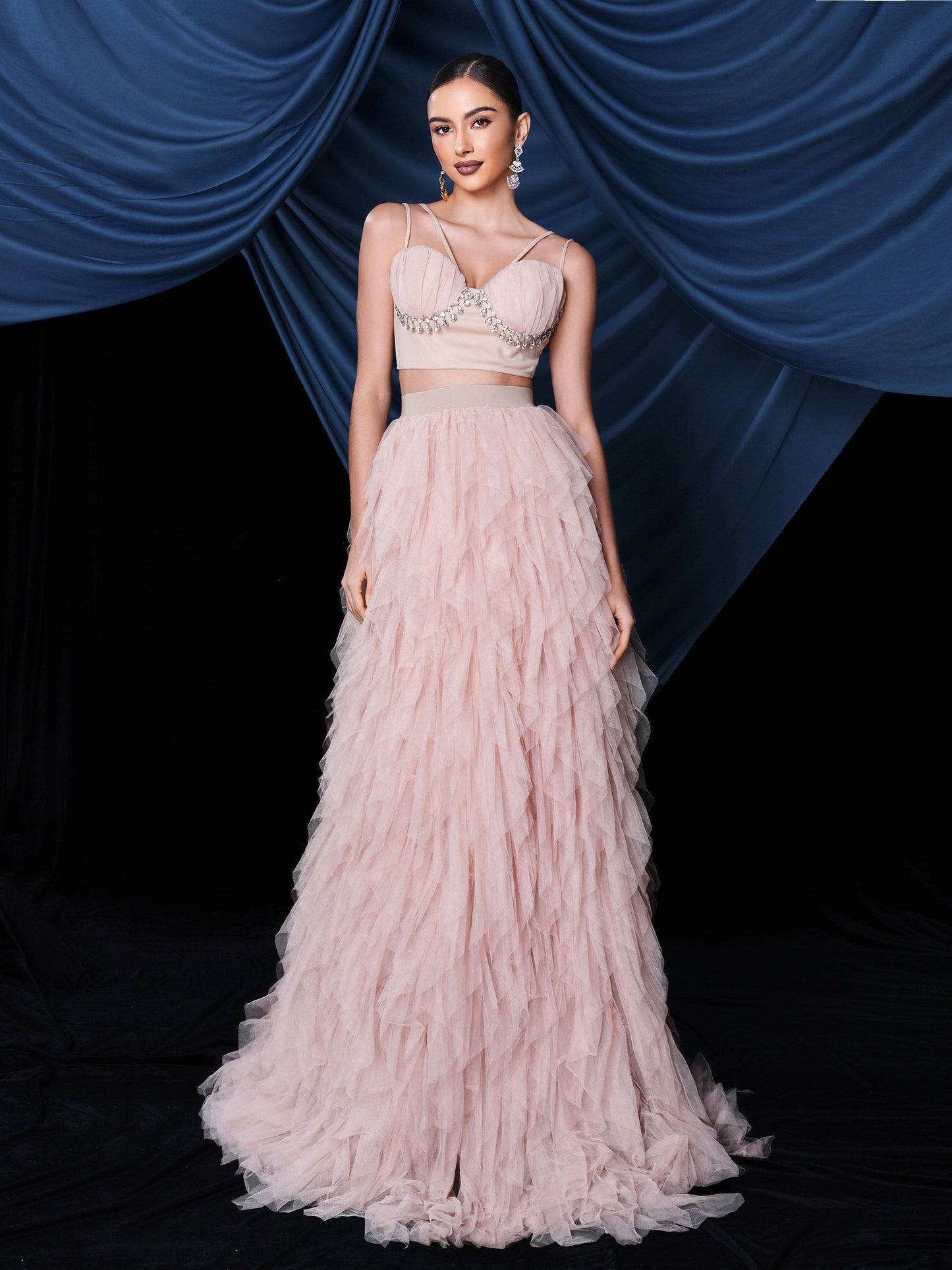 Ophelia Asimetrik Etek Ucu Tül Maxi Takım