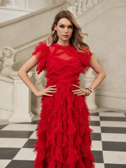 Czerwona sukienka midi z siateczki z krótkim rękawem