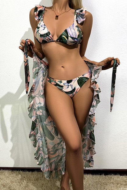 Yaprak Desenli Üç Parçalı Bikini-Pareo