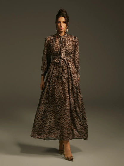 Leopar Desenli Zarif Maxi Elbise