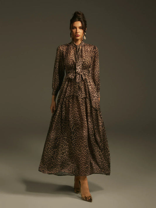 Leopar Desenli Zarif Maxi Elbise