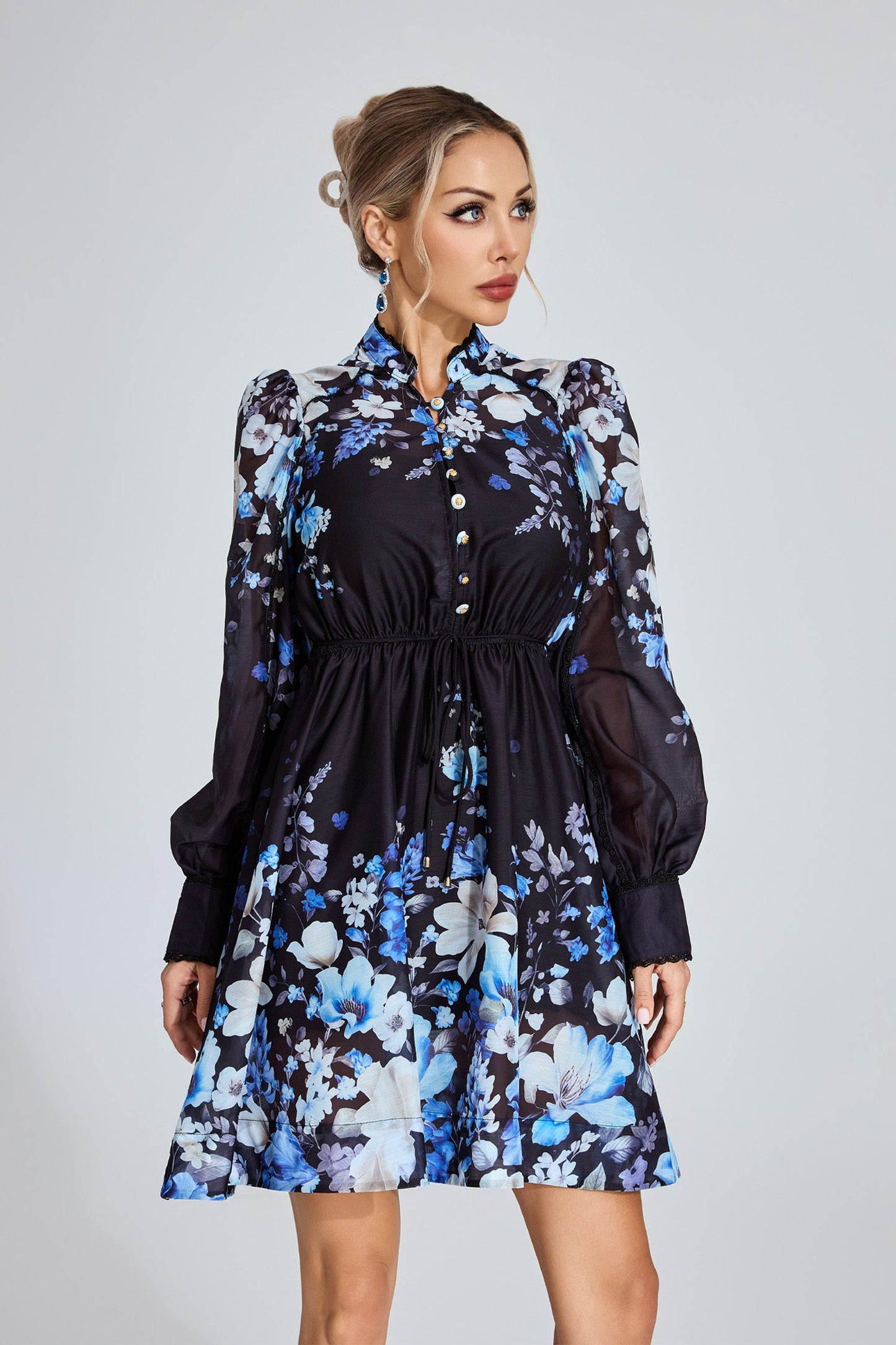 Lucienne Mavi Çiçekli Mini Elbise