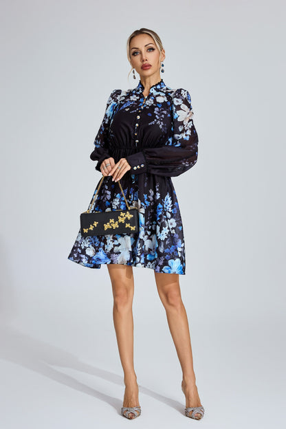 Lucienne Mavi Çiçekli Mini Elbise