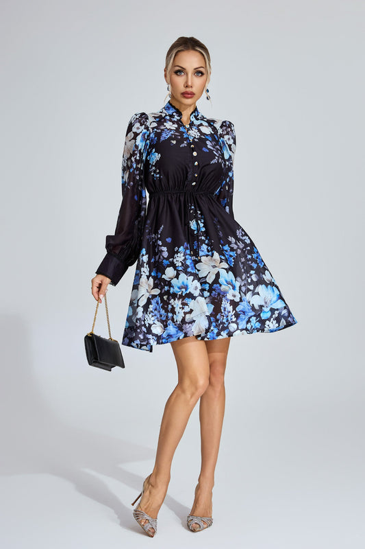 Lucienne Mavi Çiçekli Mini Elbise