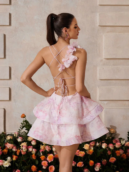 Azure Bloom Fırfırlı Mini Elbise