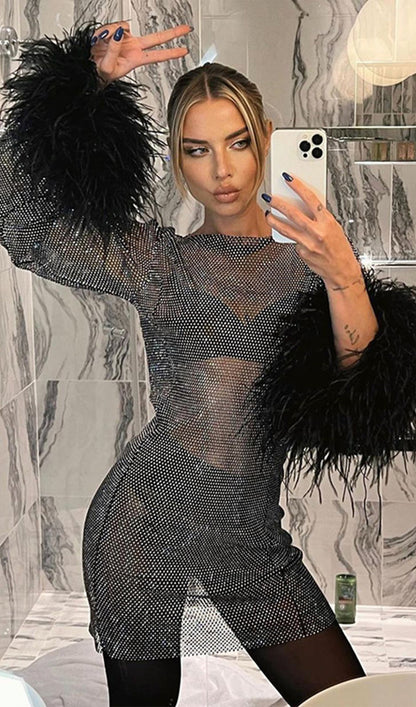Şeffaf Rhinestone Mini Elbise