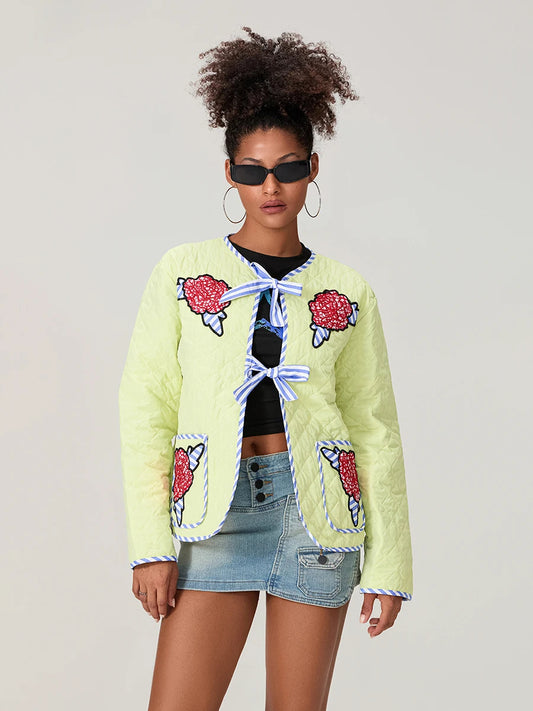 Gül Desenli Fiyonklu Kapitone Jacket -Sarı