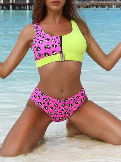 Leopar Çiçekli Patchwork Fermuarlı Bikini Takımı