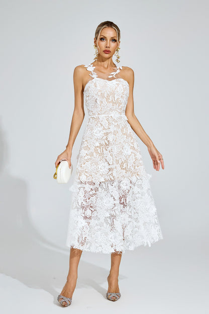 Amélie Beyaz Çiçekli Dantel Midi Elbise