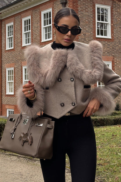 Devi Kürk Yakalı Kısa Kaban-Kahverengi