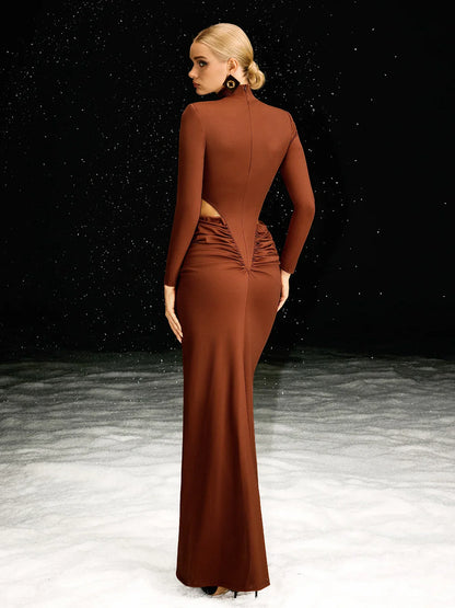 Çikolata Rengi Oyma Uzun Kollu Maxi Elbise