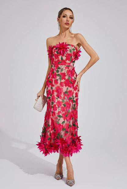 Rosalia 3D Çiçek  Dantel Midi Elbise