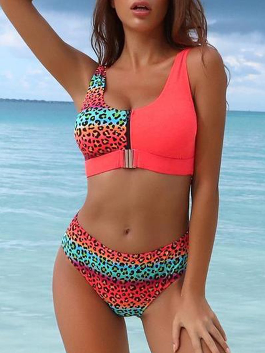 Leopar Çiçekli Patchwork Fermuarlı Bikini Takımı