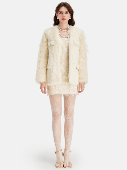 İncili Cep Detaylı Krem Kürk Ceket