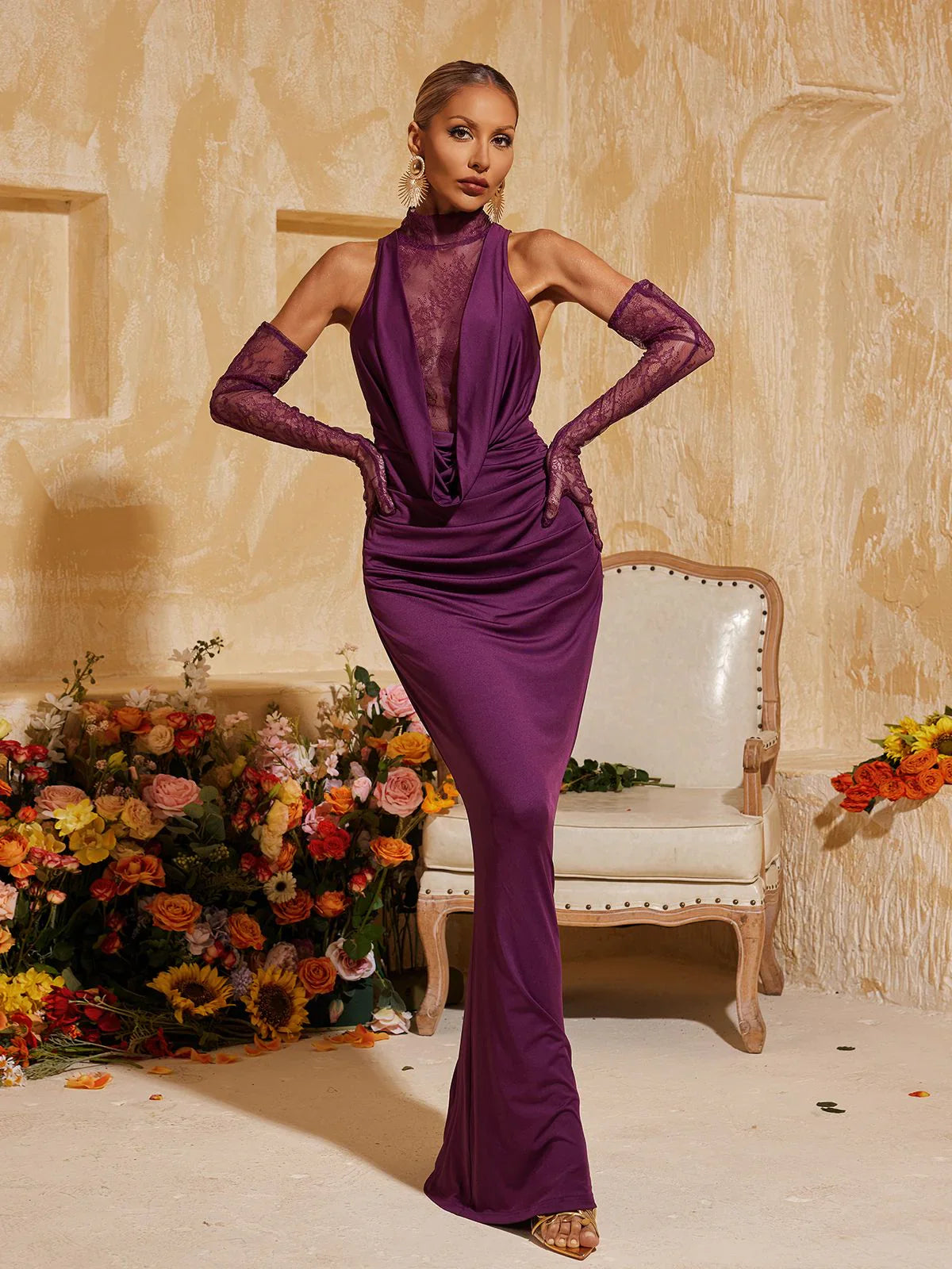 Viola Dantel Panelli Abiye Maxi Elbise