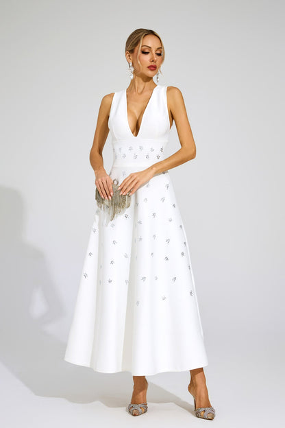 Sukienka maxi Céleste White Crystal Embellished