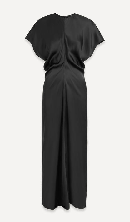 Slouch Bel Saten Midi Elbise-Siyah