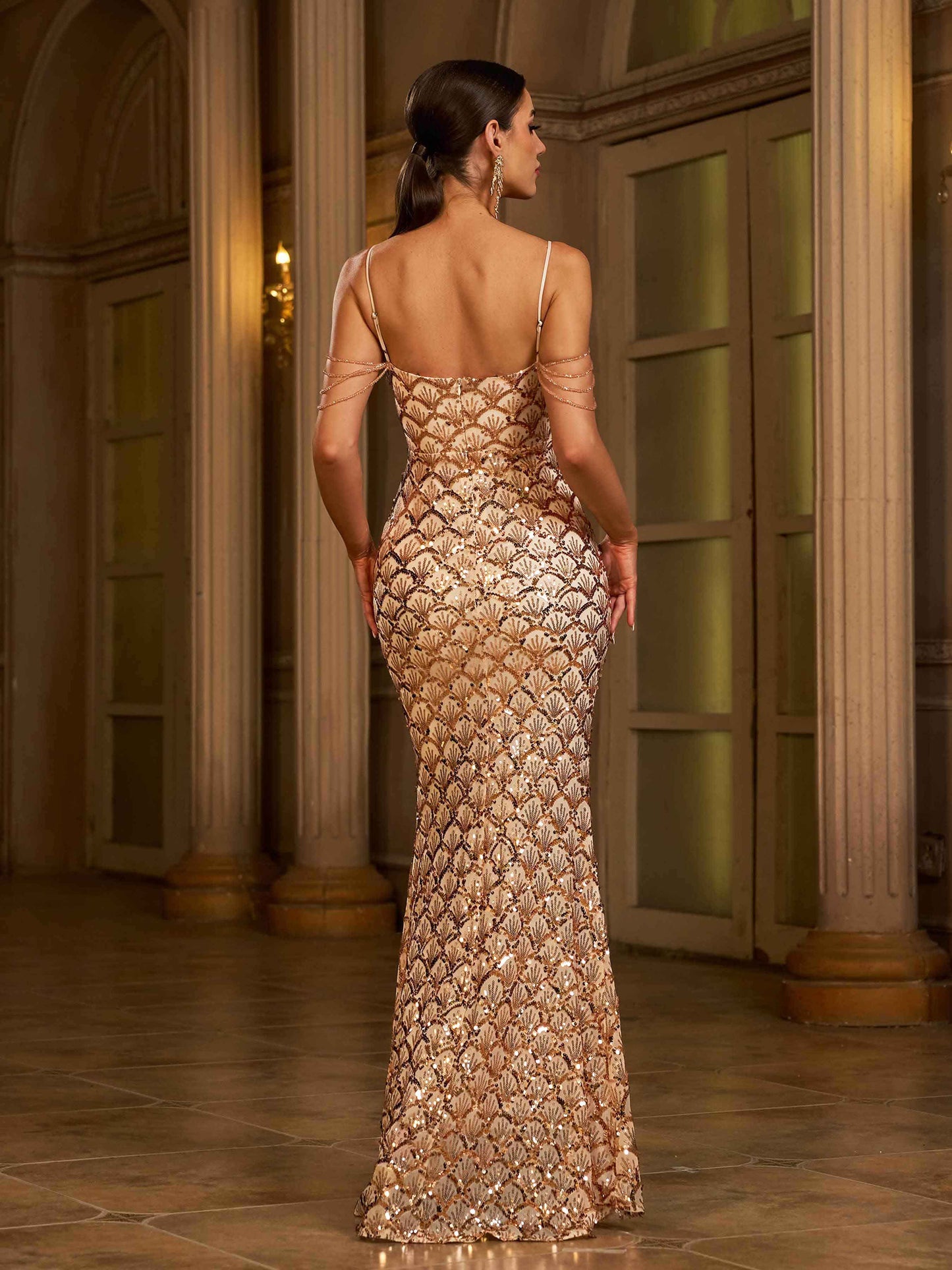 Glam Payetli Spagetti Maxi Elbise