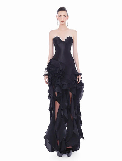 Sukienka maxi Belle z falbankami i kryształkami 