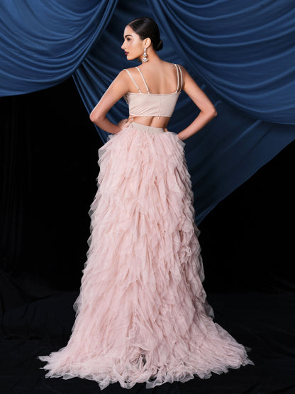 Ophelia Asimetrik Etek Ucu Tül Maxi Takım