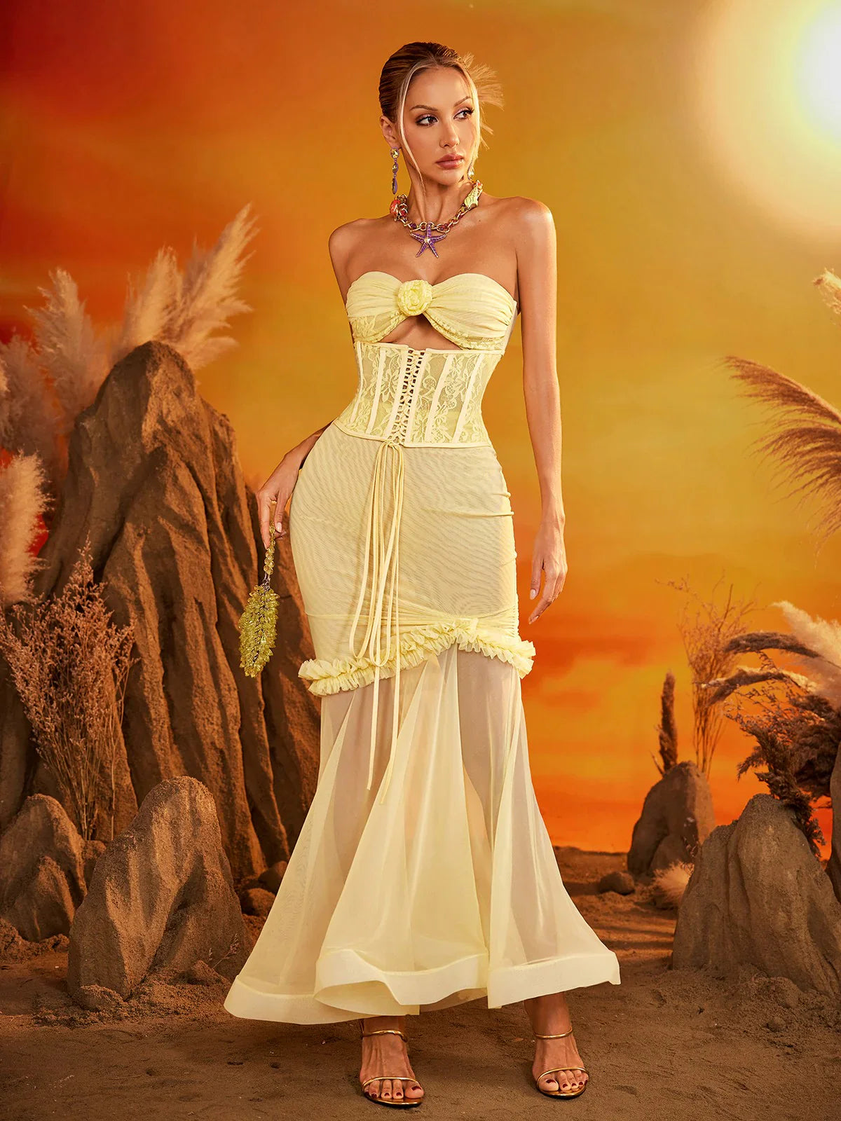 Sarı Korse Tül Maxi Elbise