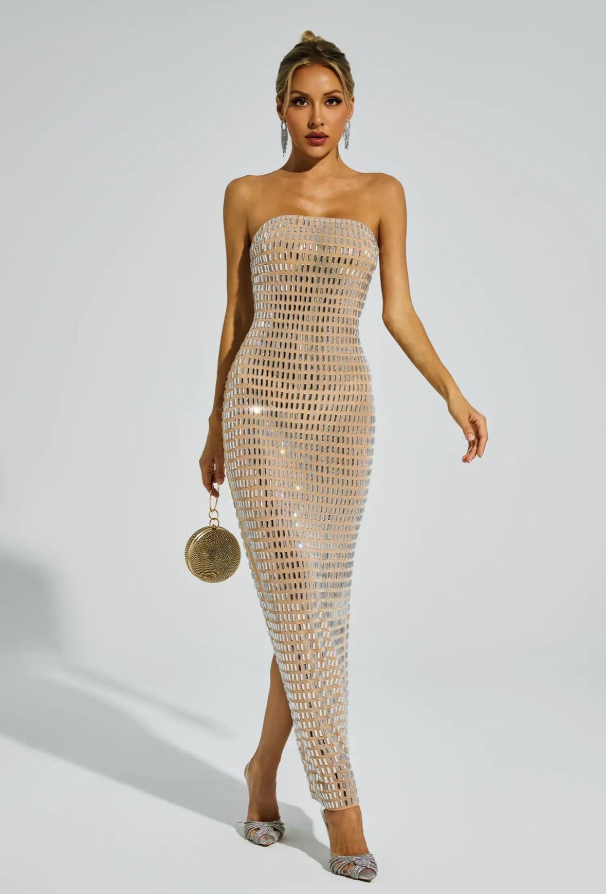 Yapay Elmas Mesh Maxi Elbise