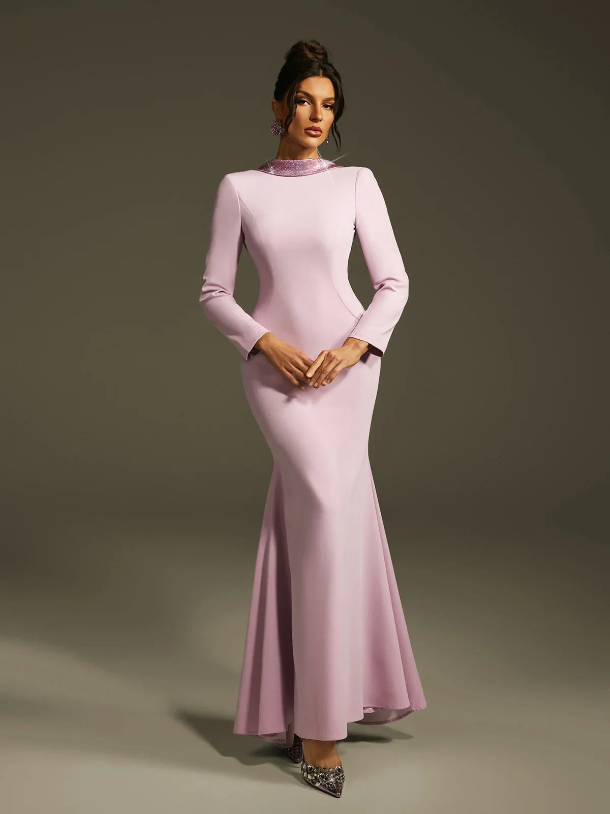 Leylak Kristal Gül Sırtı Açık Maxi Elbise