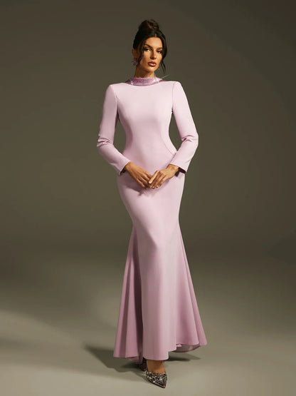 Leylak Kristal Gül Sırtı Açık Maxi Elbise