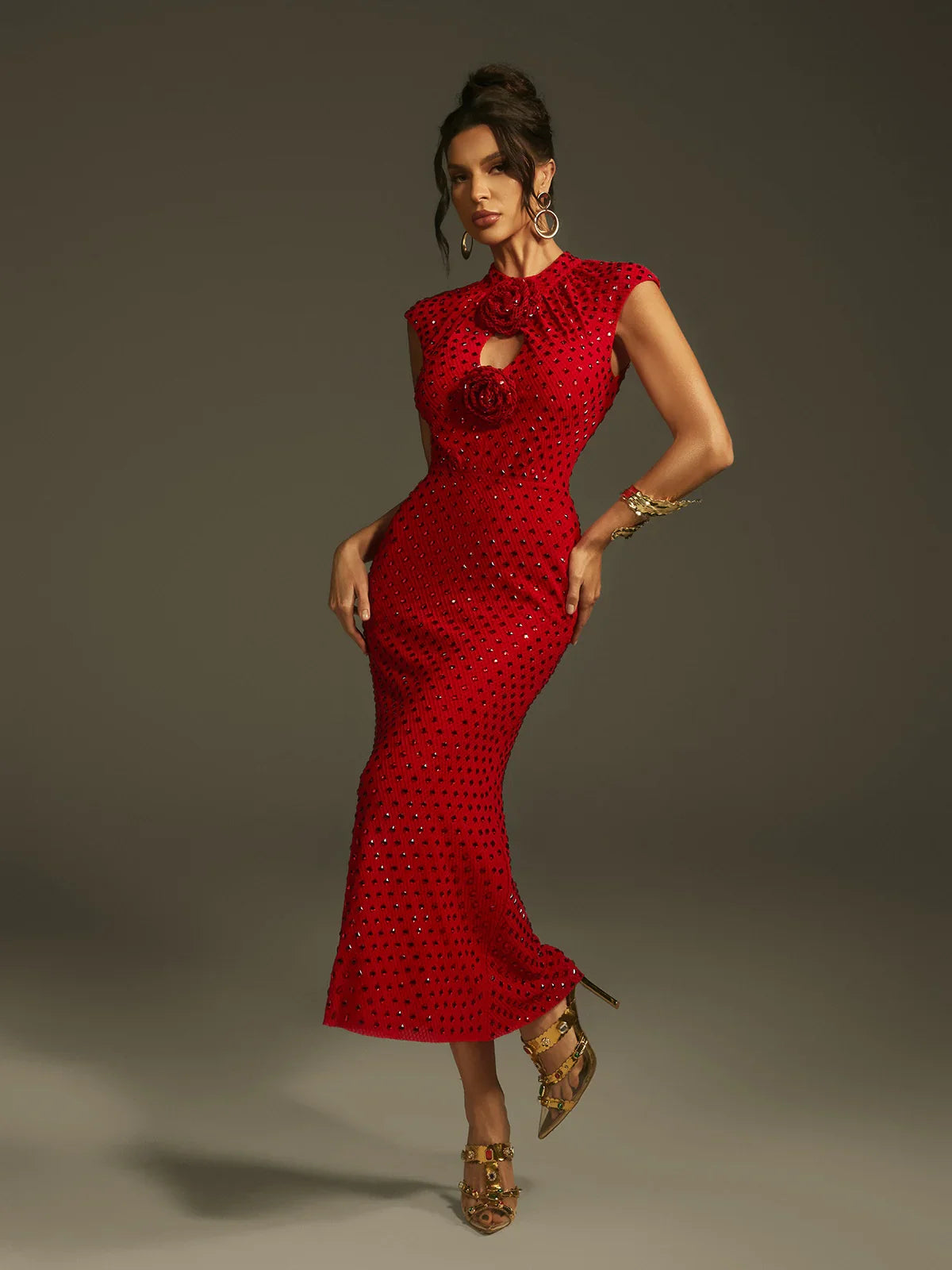 Czerwona kryształowa sukienka midi Rose
