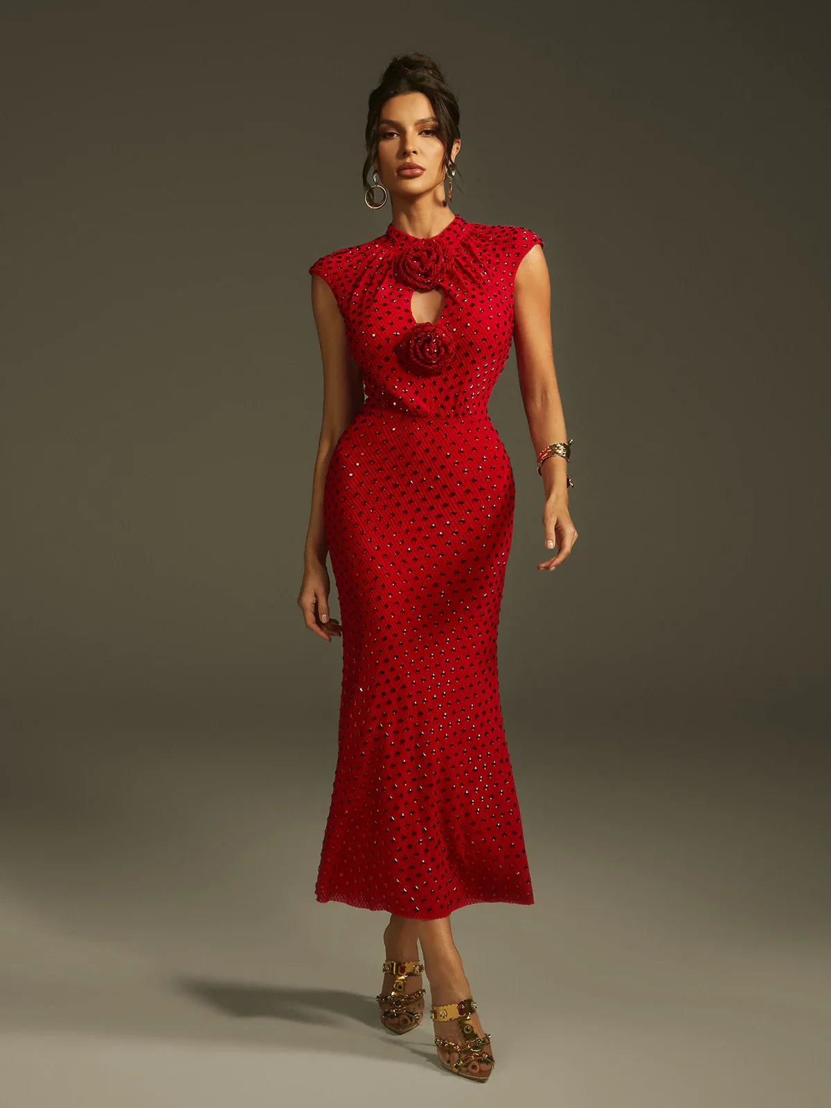 Czerwona kryształowa sukienka midi Rose