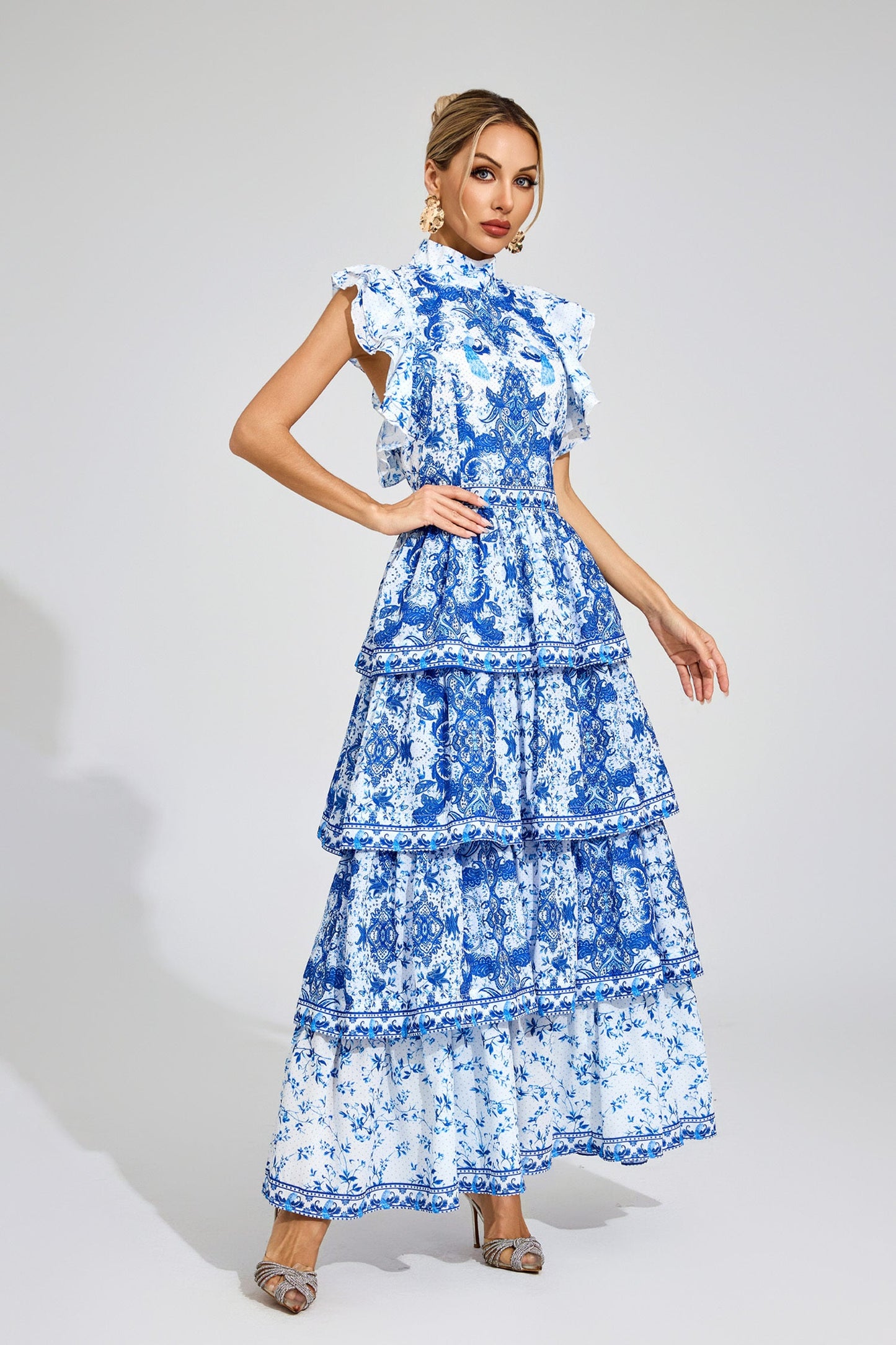 Serena Kraliyet Mavisi Katlı Maxi Elbise