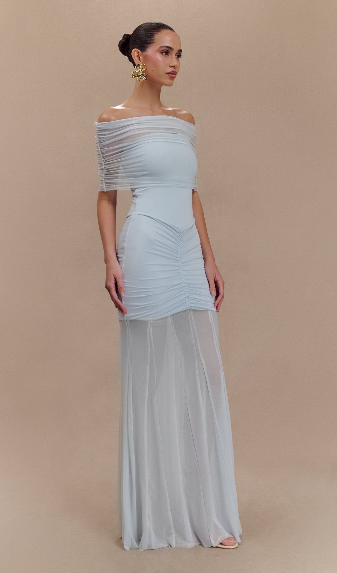 Slinky Kapalı Omuz Maksi Elbise-Soluk Mavi