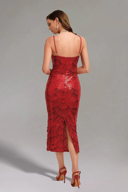 Teressa Kırmızı İnci İşlemeli Askılı Maxi Elbise
