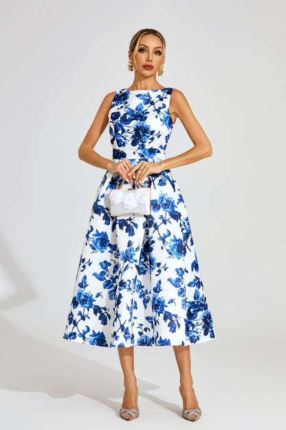 Azure Blossom A-Line Midi Elbise