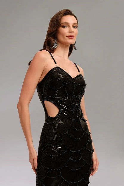 Teressa Black Pearl Ozdobna Długa Sukienka na Ramiączkach