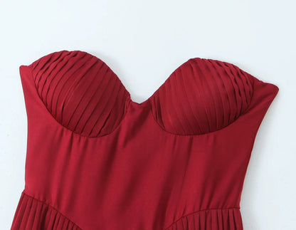 Céleste Pileli Bustier Maxi Elbise - Bordo