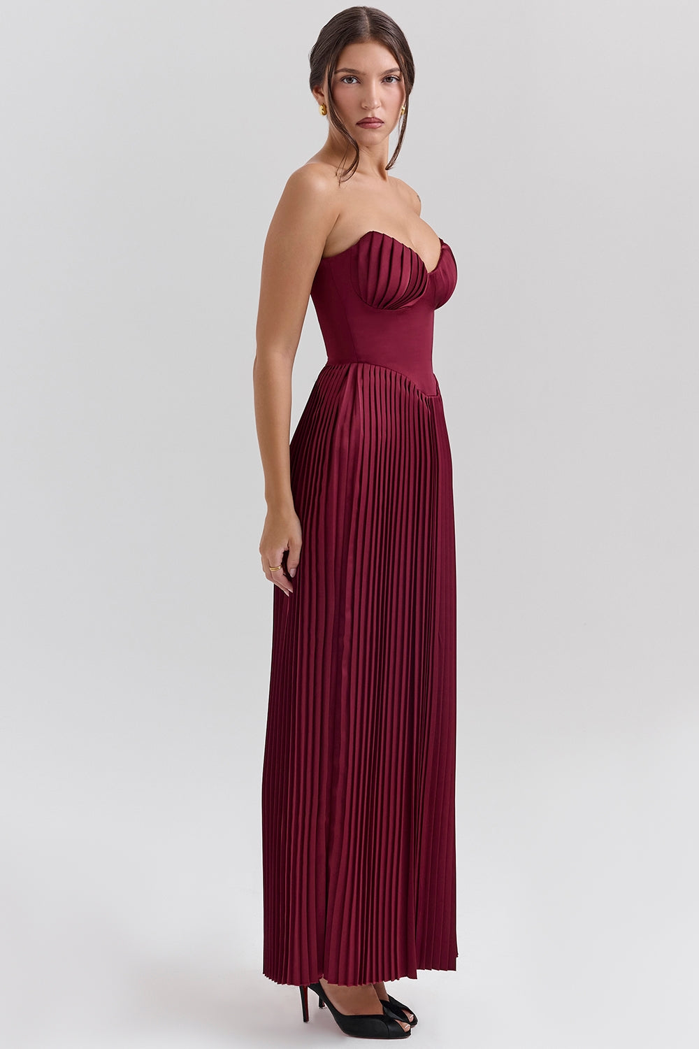 Céleste Pileli Bustier Maxi Elbise - Bordo