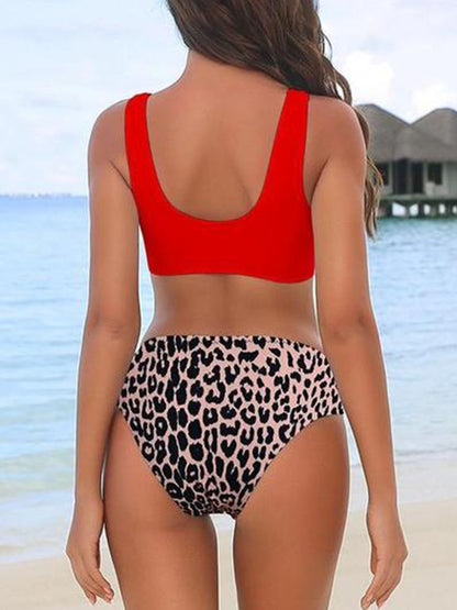 Leopar Çiçekli Patchwork Fermuarlı Bikini Takımı
