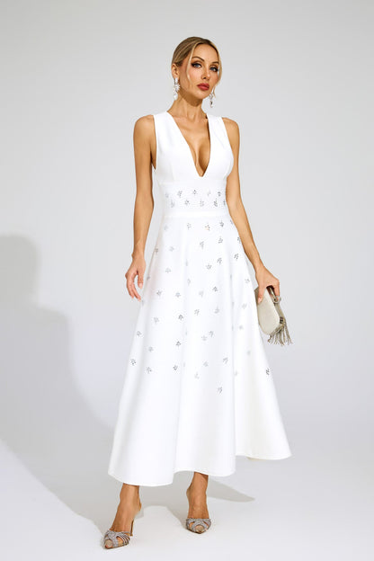 Sukienka maxi Céleste White Crystal Embellished