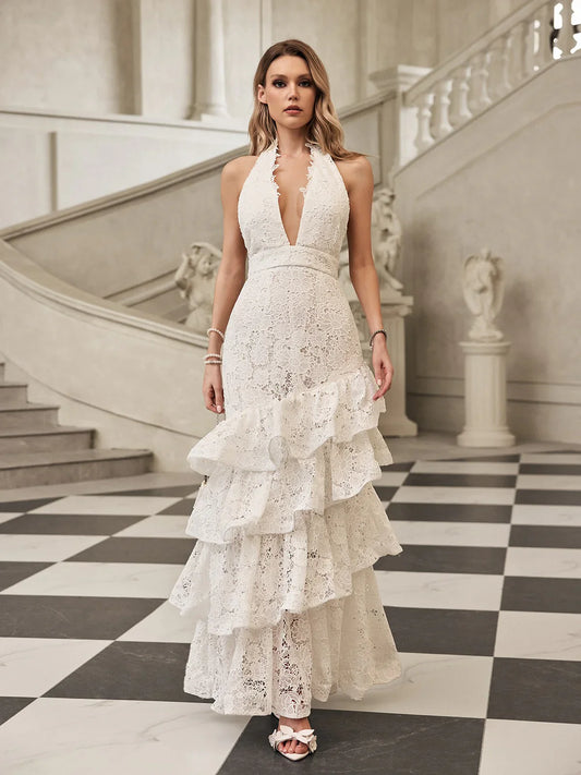 Valencia Fırfırlı Halter Dantelli Maxi Elbise