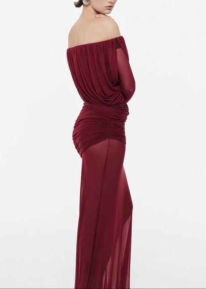 Apolline Drapeli Abiye Maxi Elbise-Bordo